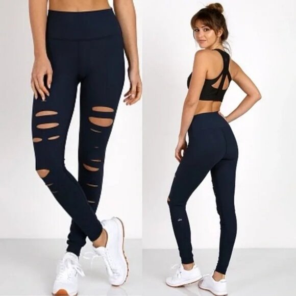 Alo Yoga Warrior Ripped High Waisted Contour Legging In Black Size XXS - Picture 1 of 7